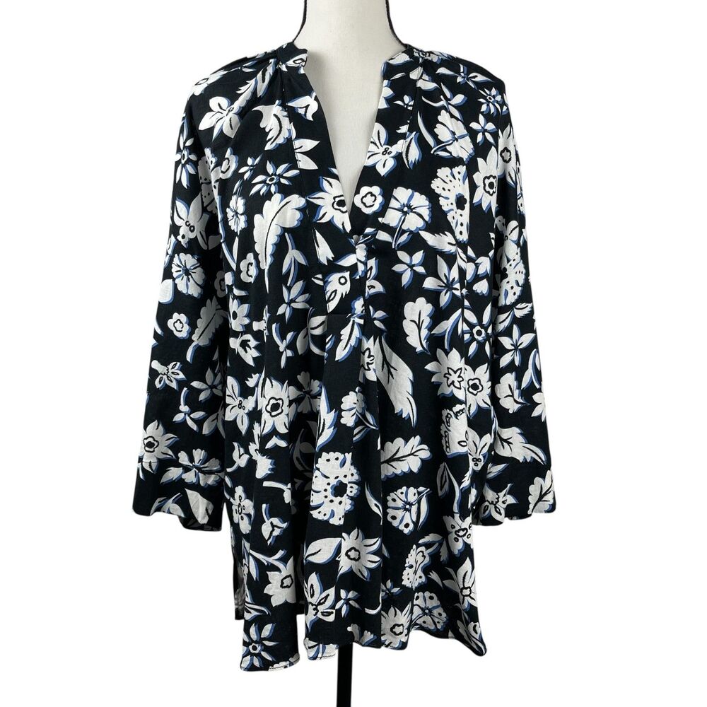 Zara Women's Tunic Top XL Black Blue Floral Linen Blend V Neck Oversized Blouse